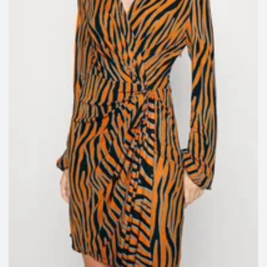 Diane Von Furstenberg Zebra Print Orange & Black Long Sleeve Dress Faux Wrap
